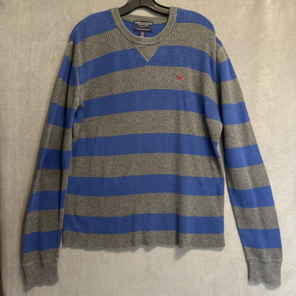 VTG Y2K American Eagle Thermal Shirt Mens L Blue Gray Rugby Stripe Waffle‎ Knit